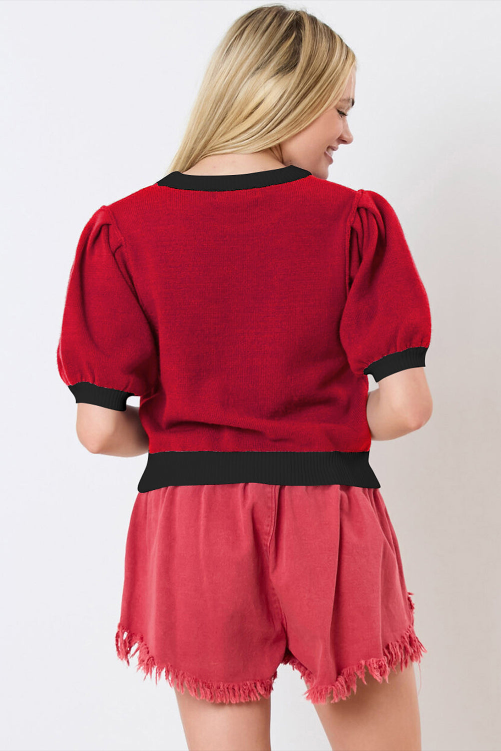 A Red Sequin Football Color Block Puff Sleeve Knit Top