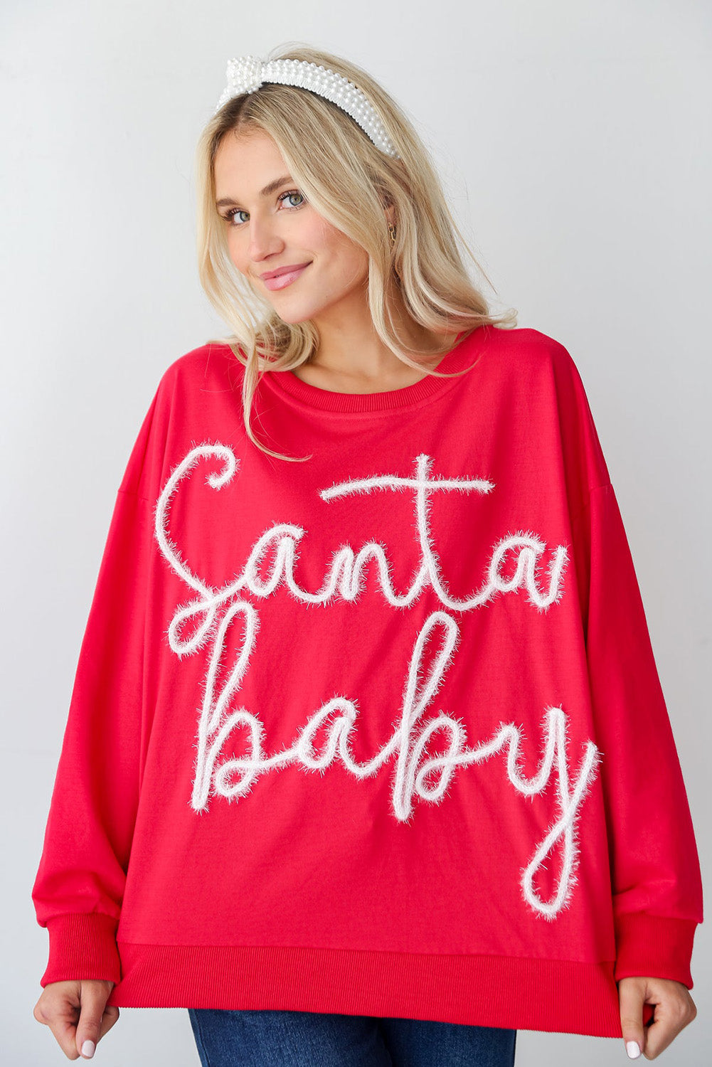 Fiery Red Christmas Tinsel Santa Baby Graphic Sweatshirt