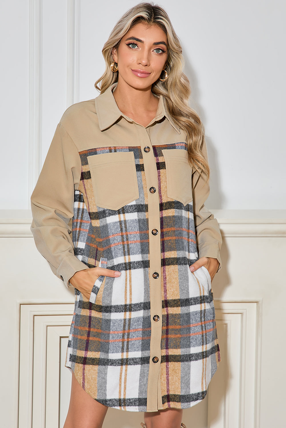 Khaki Plaid Patchwork Long Sleeve Jacket