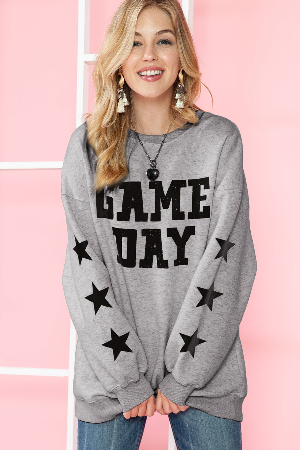 Orange Lettering Game Day Print Star Sleeve Sweatshirt