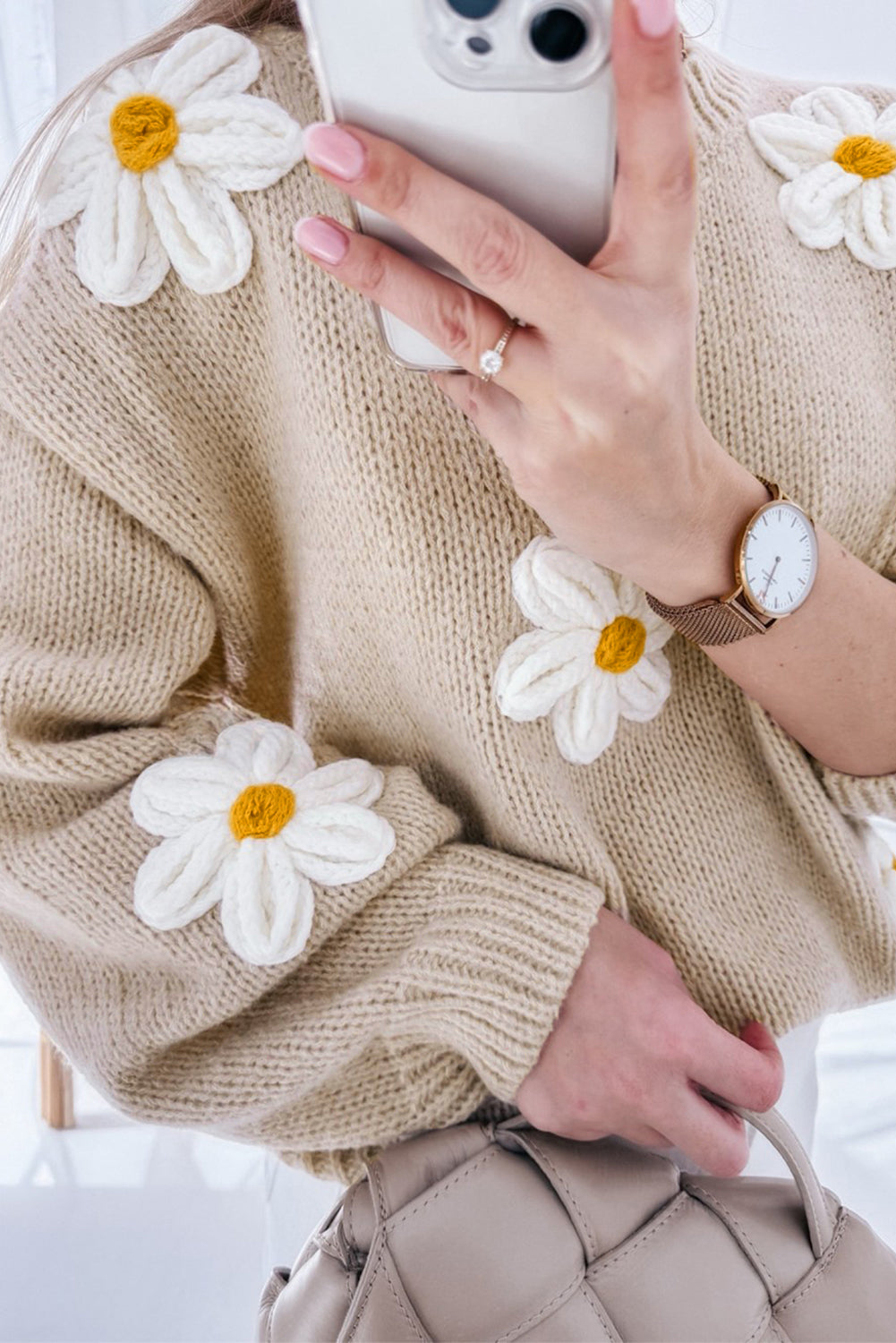 White 3D Flower Detail Loose Sweater