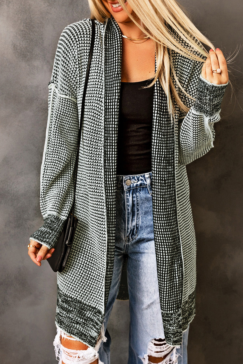 Plaid Contrast Trim Casual Knit Cardigan