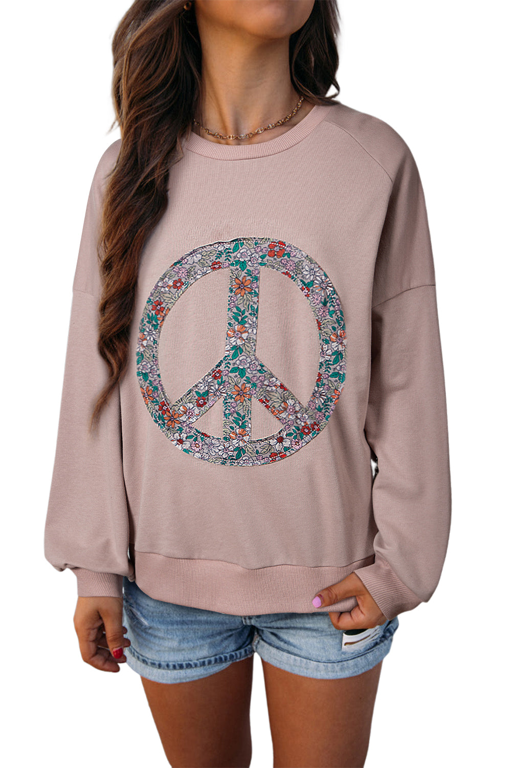 Pink Floral Peace Symbol Drop Shoulder Sweatshirt