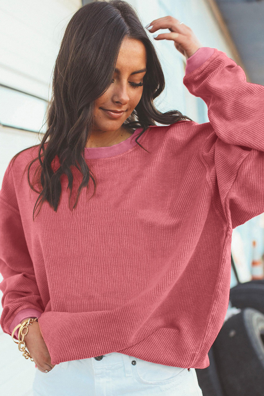 Festival Fuchsia Plain Drop Sleeve Crinkle Rib Oversized Sweatshirt