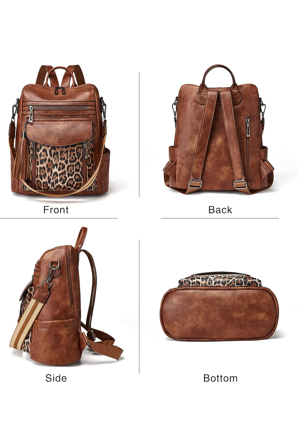 Coffee Leopard Patchwork PU Leather Functional Backpack