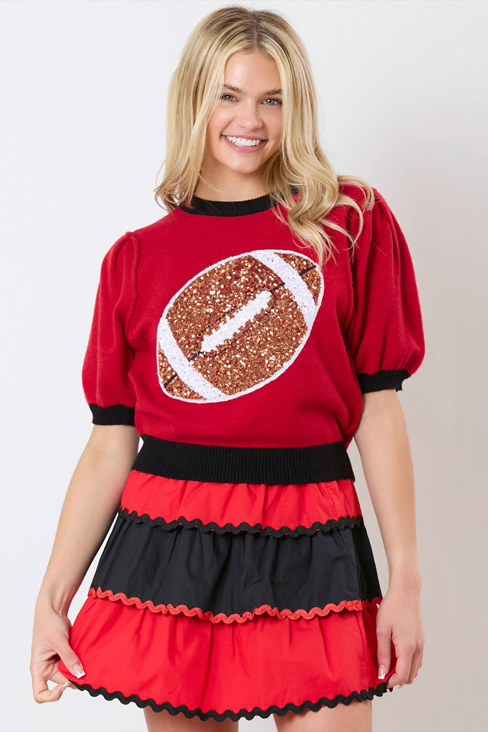 A Red Sequin Football Color Block Puff Sleeve Knit Top