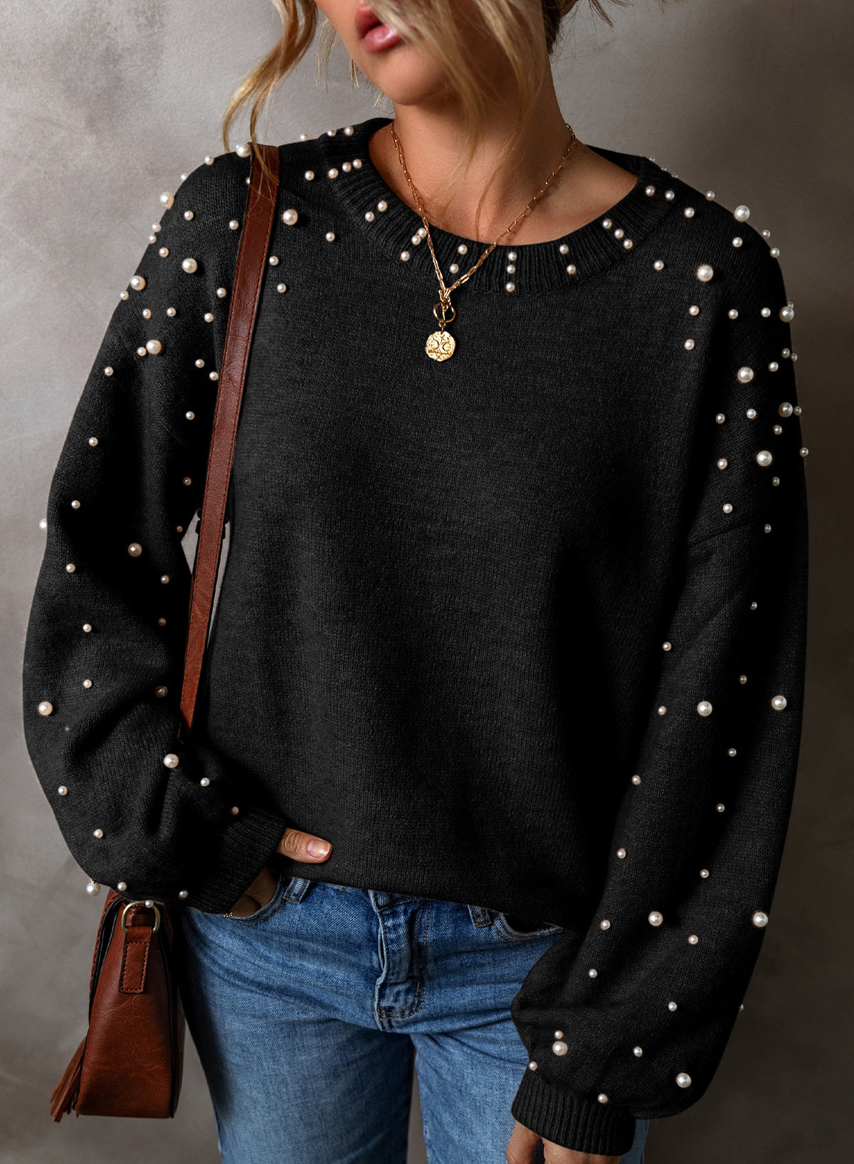 Black Pearl Drop Shoulder Round Neck Sweater