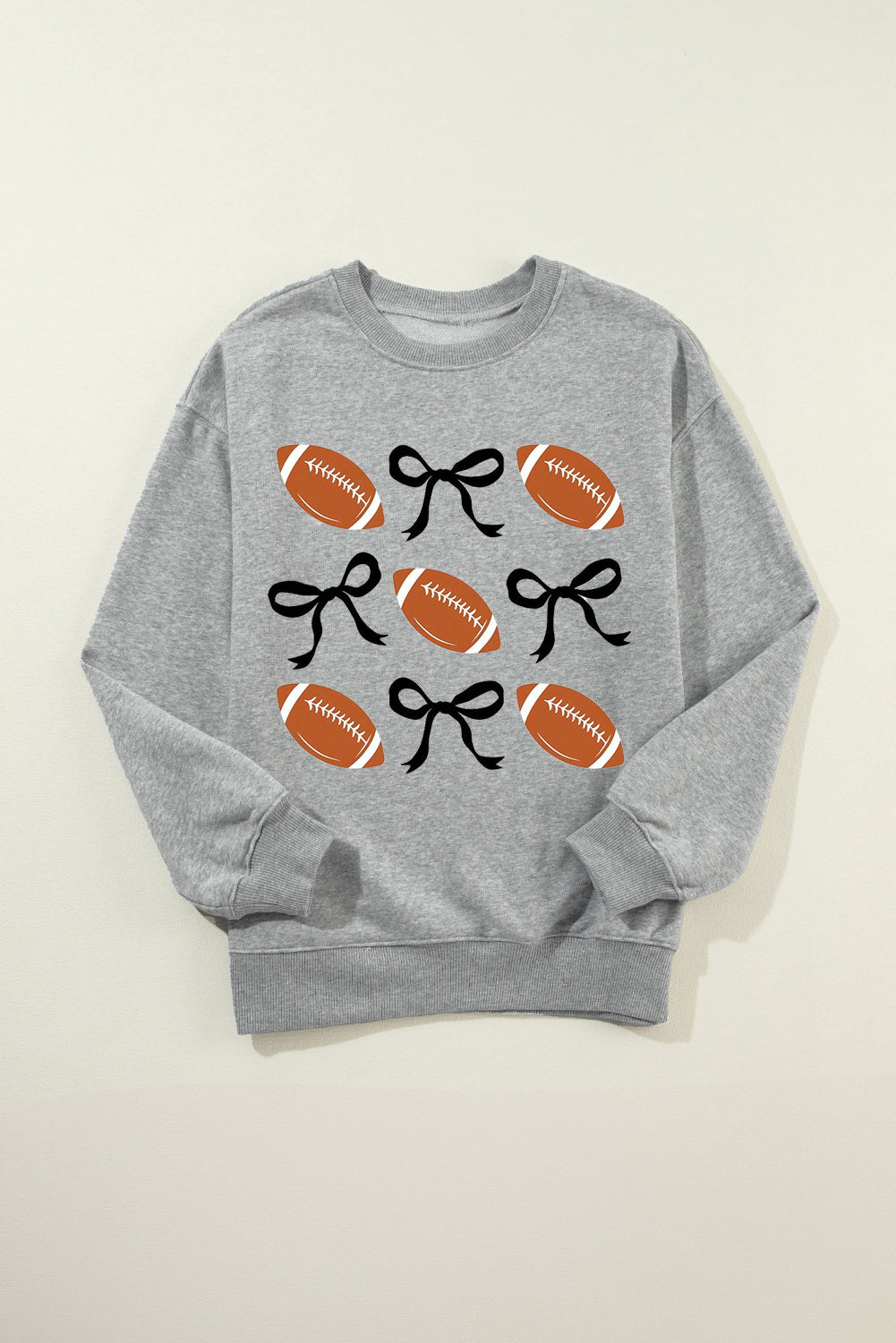 Gray Football Bow Knot Print Crewneck Sweatshirt