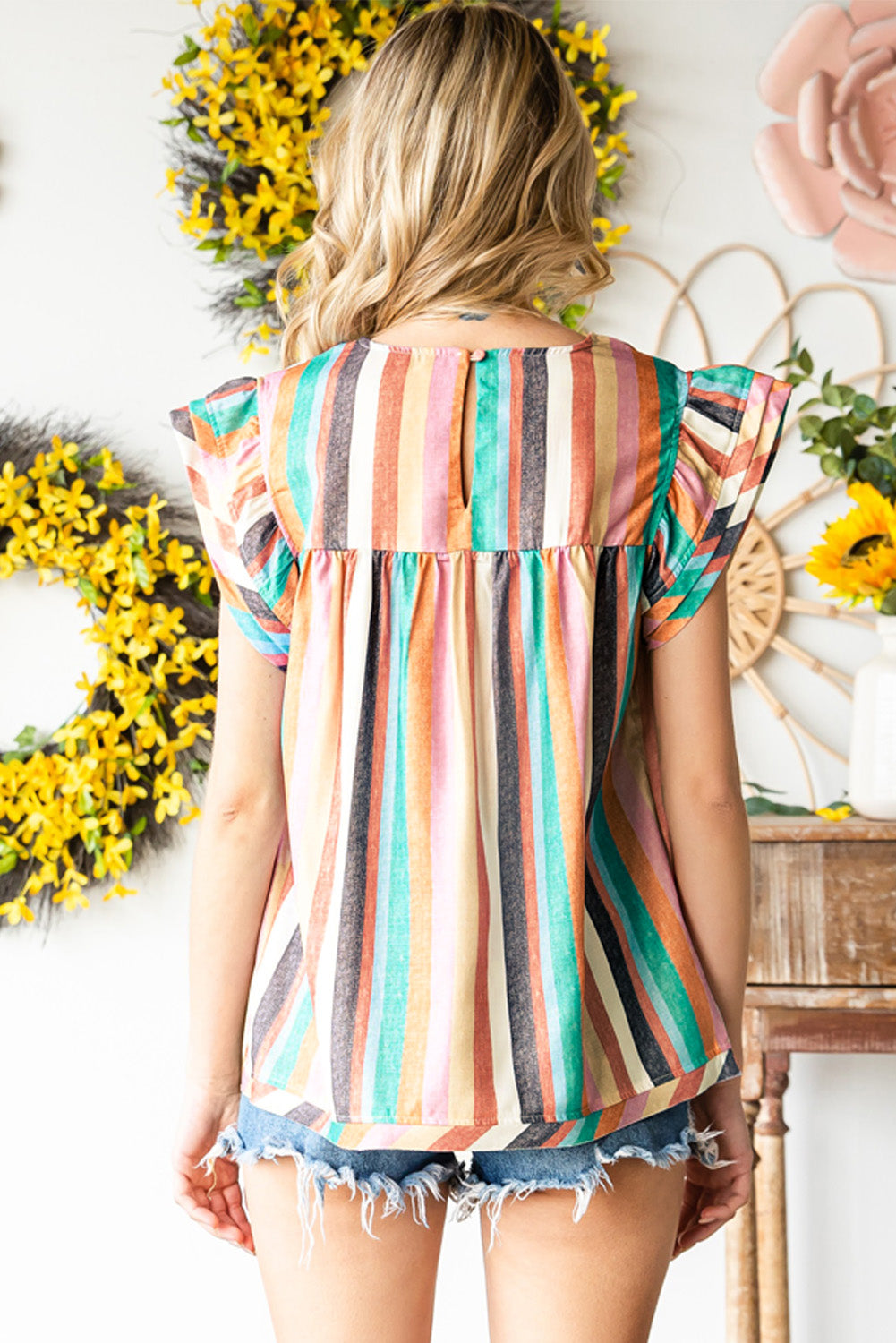 Multicolor Striped Back Button Keyhole Layered Sleeve Blouse