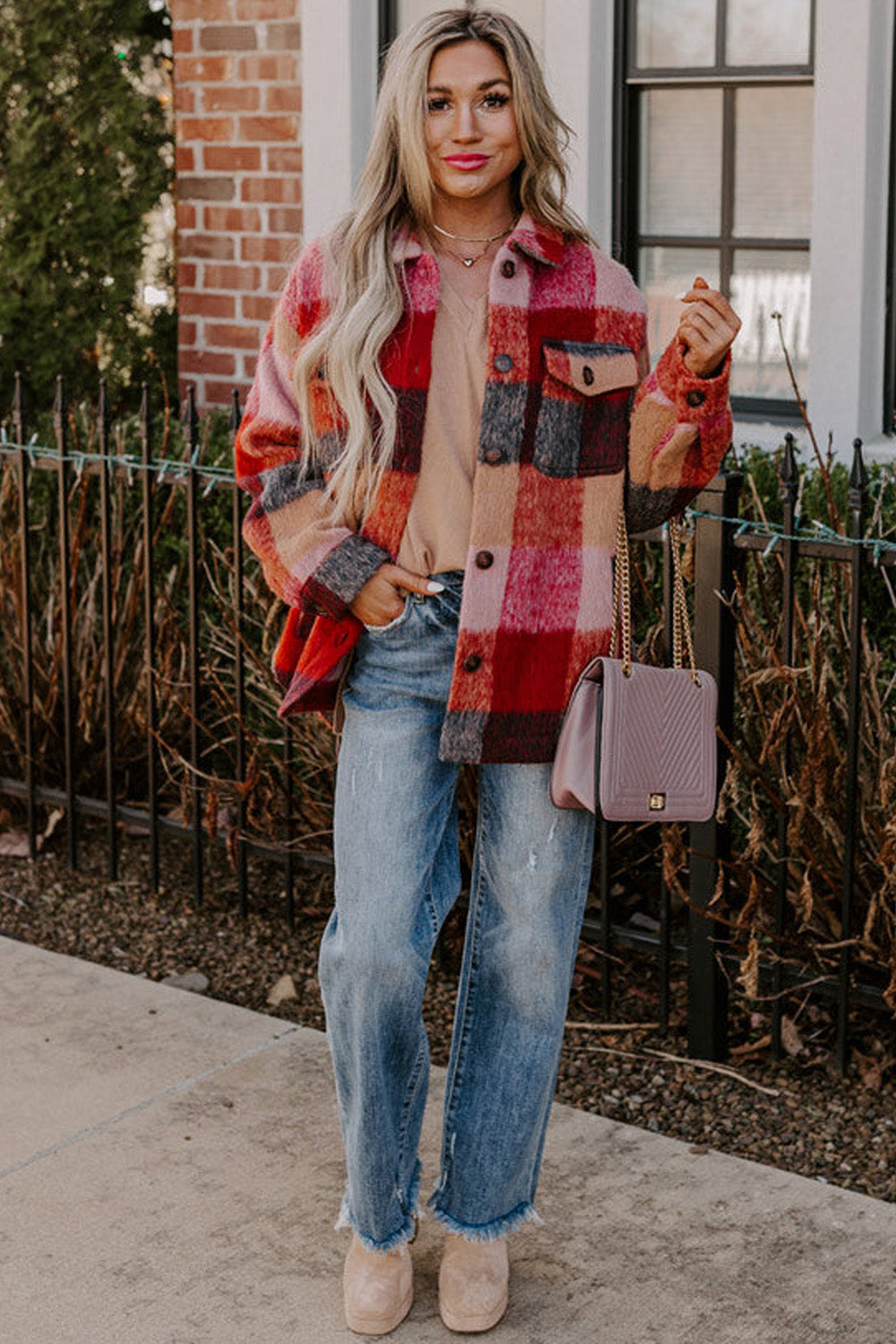 Orange Plaid Print Flap Pockets Buttoned Plus Size Jacket