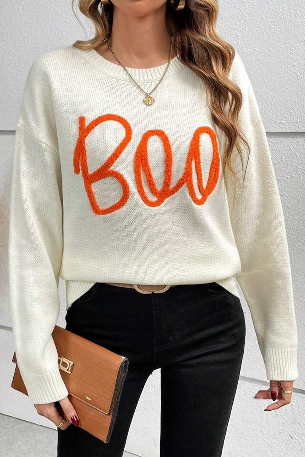 Halloween Boo Drop Shoulder Knit Sweater