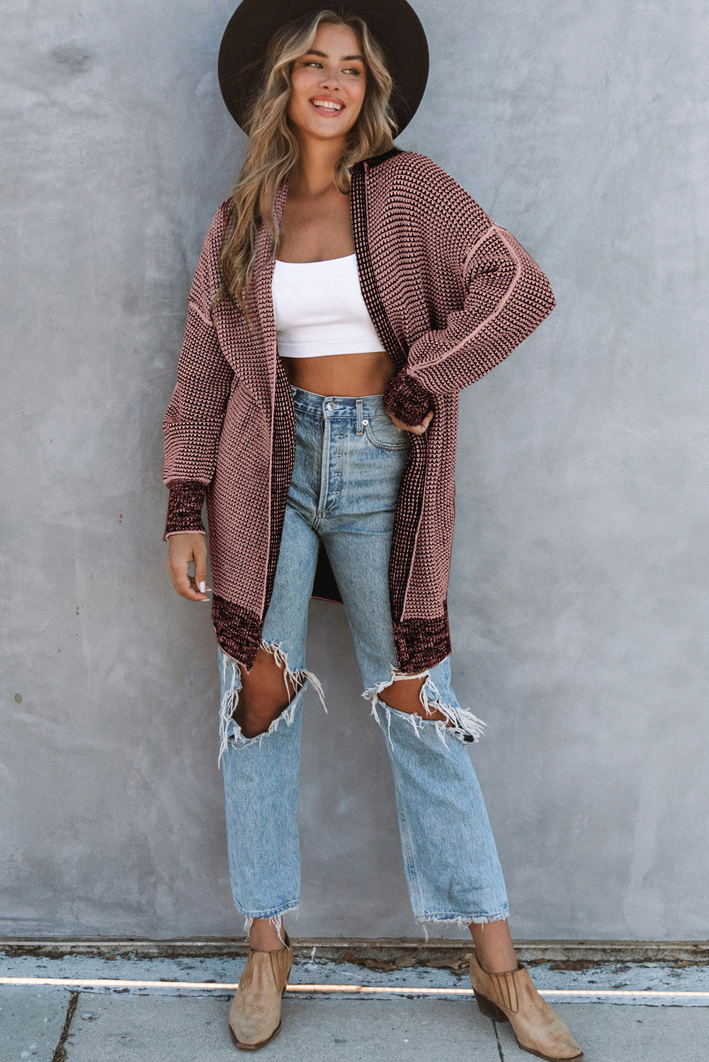 Plaid Contrast Trim Casual Knit Cardigan