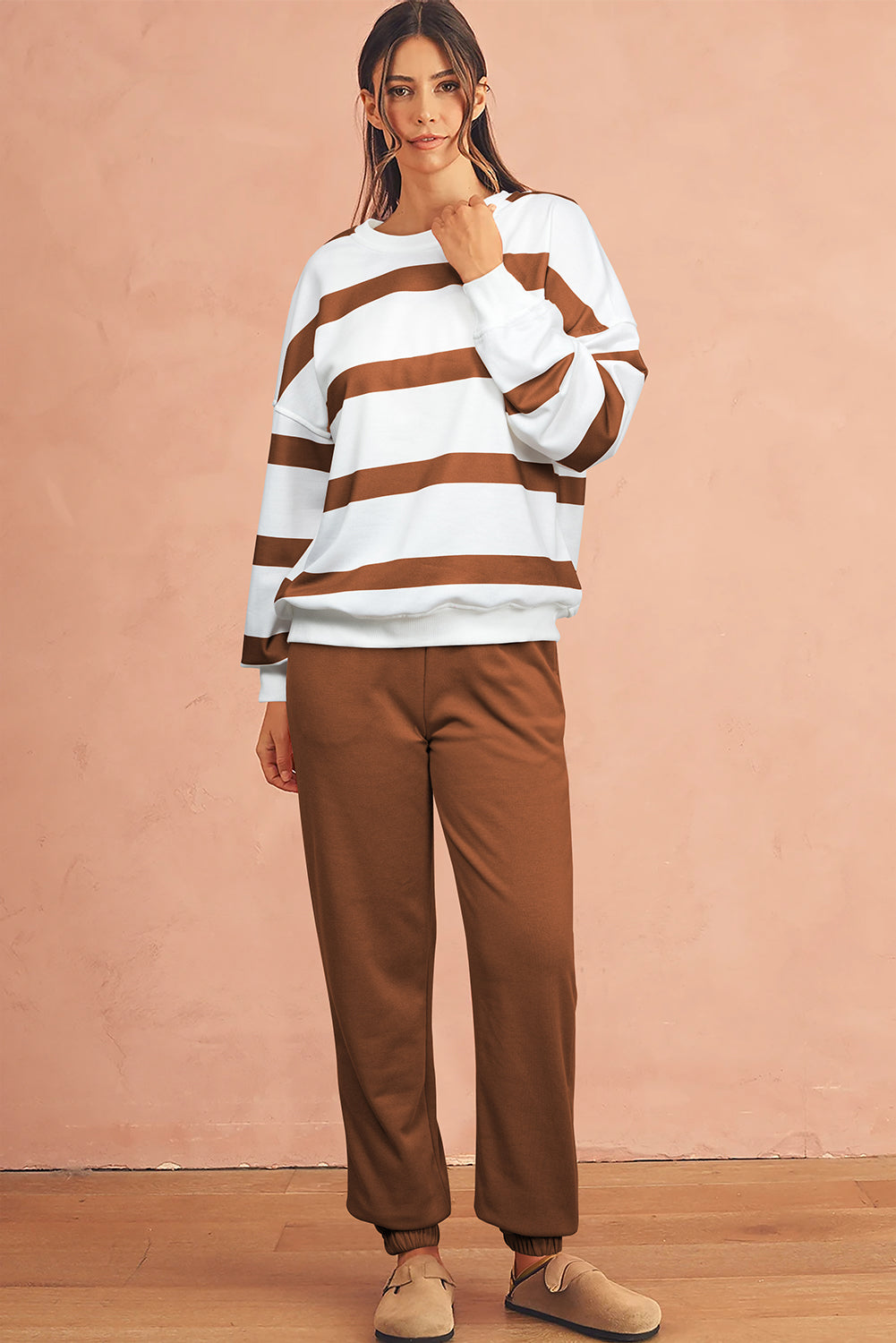 Brown Striped Drop Shoulder Pullover and Joggers Set