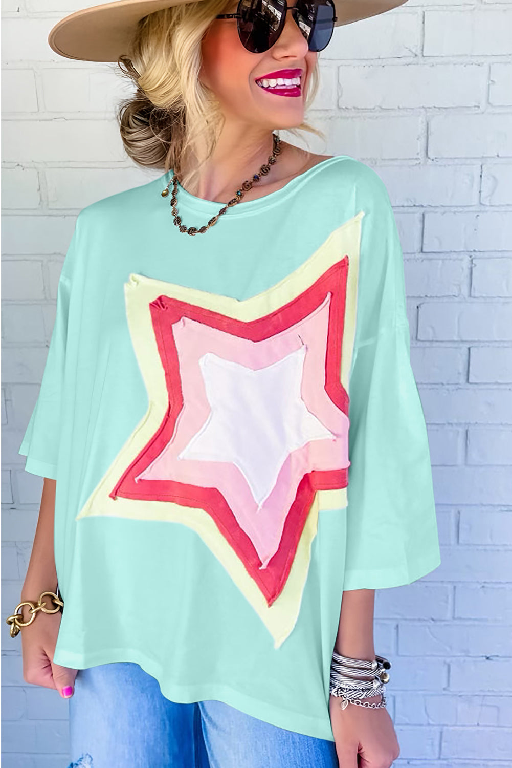 Moonlight Jade Colorblock Star Patched Half Sleeve Oversized Tee