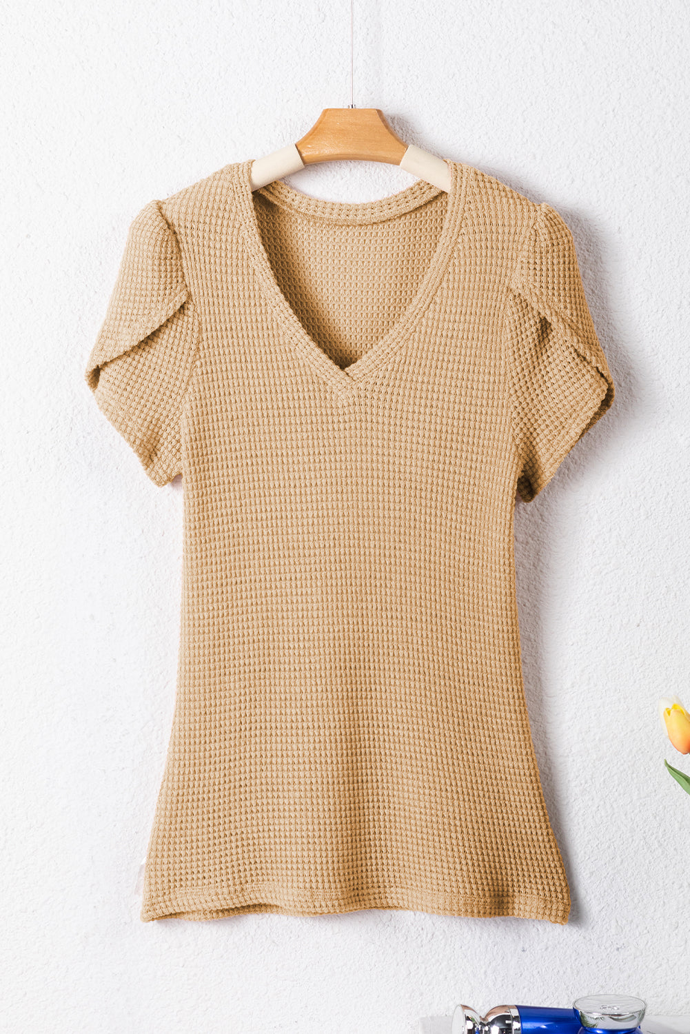 White Petal Sleeve Waffle Knit V Neck T-Shirt