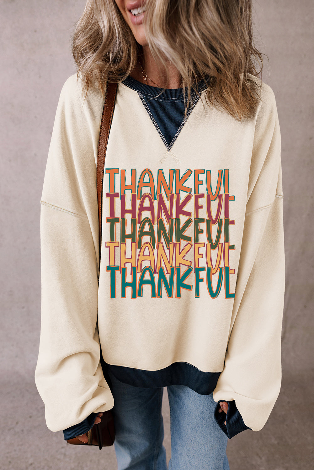 White THANKFUL Colorblock Edge Thanksgiving Graphic Sweatshirt