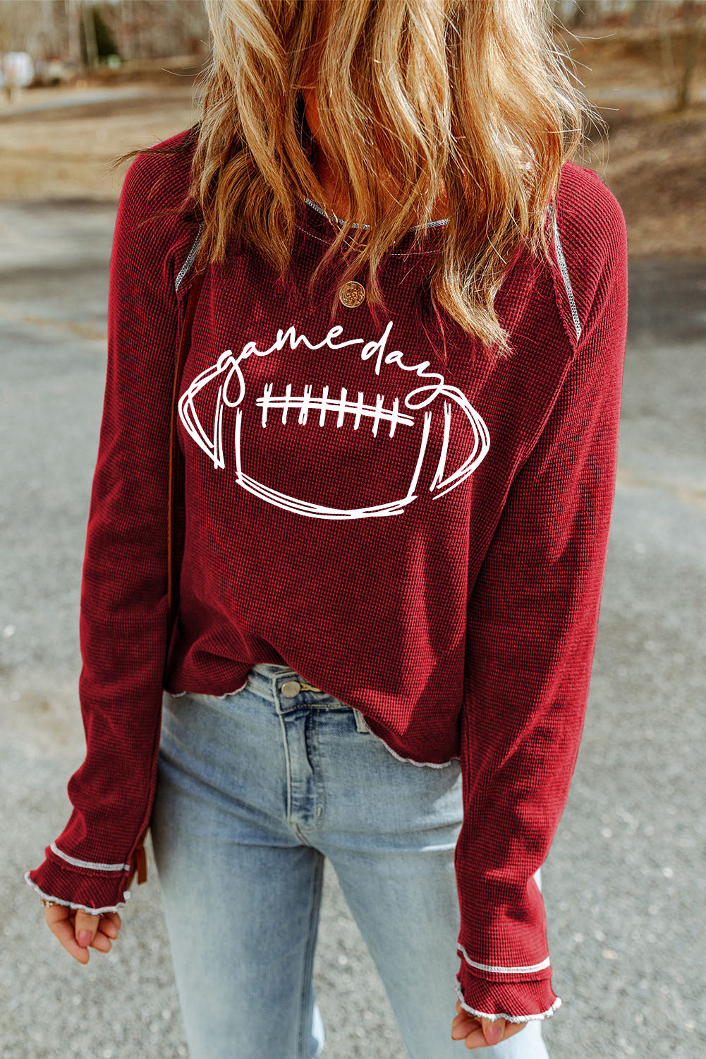 Red Waffle Football Graphic Contrast Hem Sweatshirt