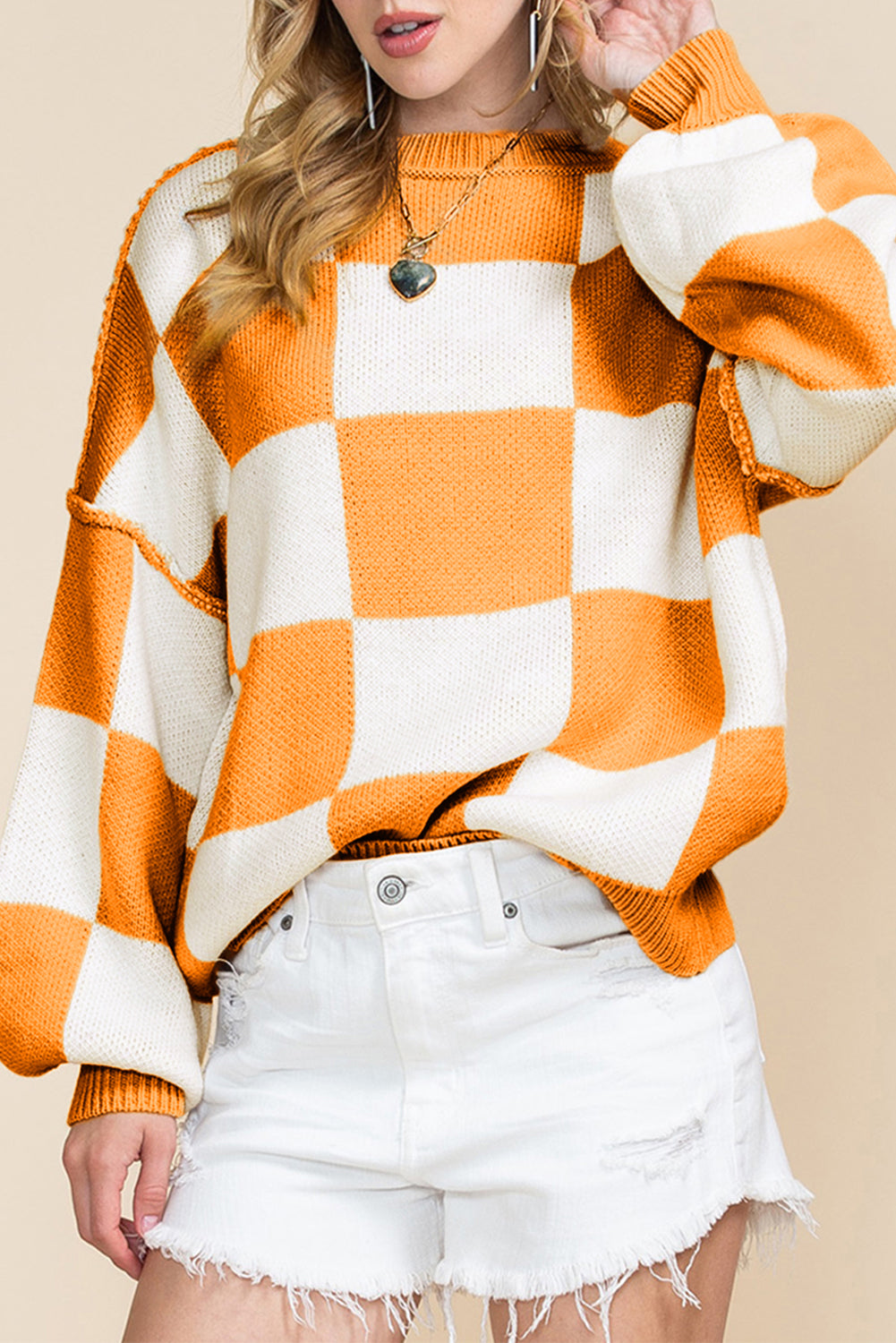 Checkered Bishop Sleeve Pullover Sweater