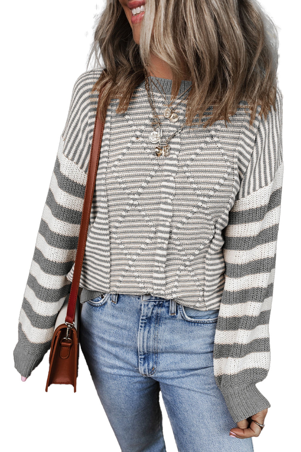 Red and White Stripe Twisted Knitted Drop Shoulder Sweater