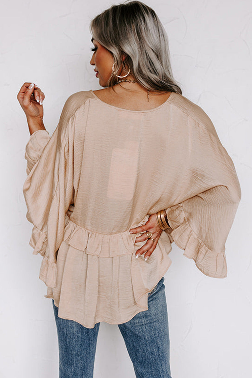 Apricot V Neck Draped Batwing Sleeve Ruffle Top