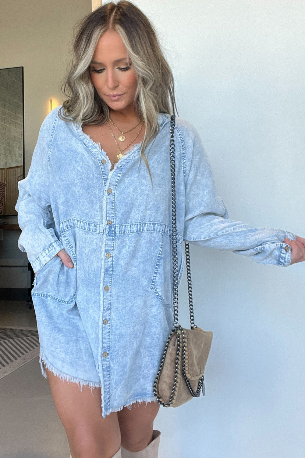 Beau Blue Acid Washed Distressed Edge Denim Mini Dress