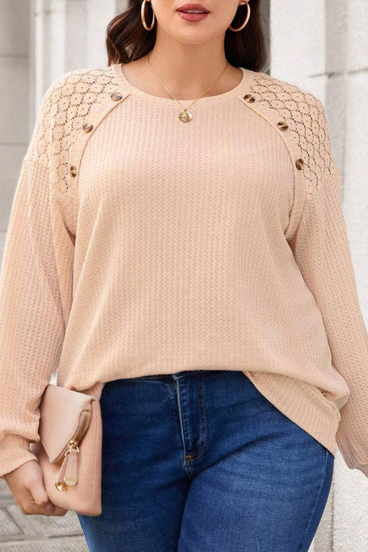 Beige Plus Size Lace Patchwork Buttons Waffle Knit Top