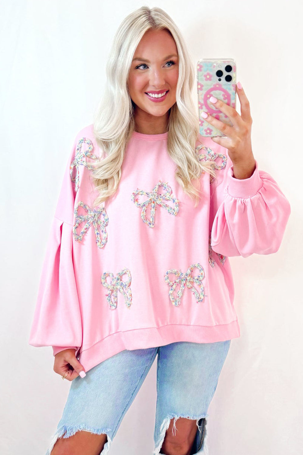 Parchment Sweet Bow Lantern Sleeve Oversized Pullover Sweatshirt