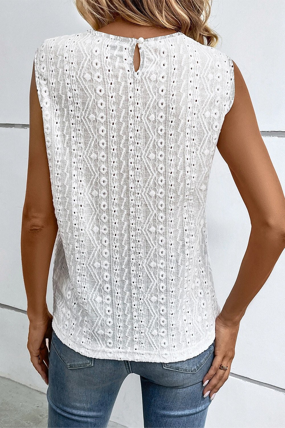 White Guipure Lace Crochet Keyhole Back Sleeveless Top