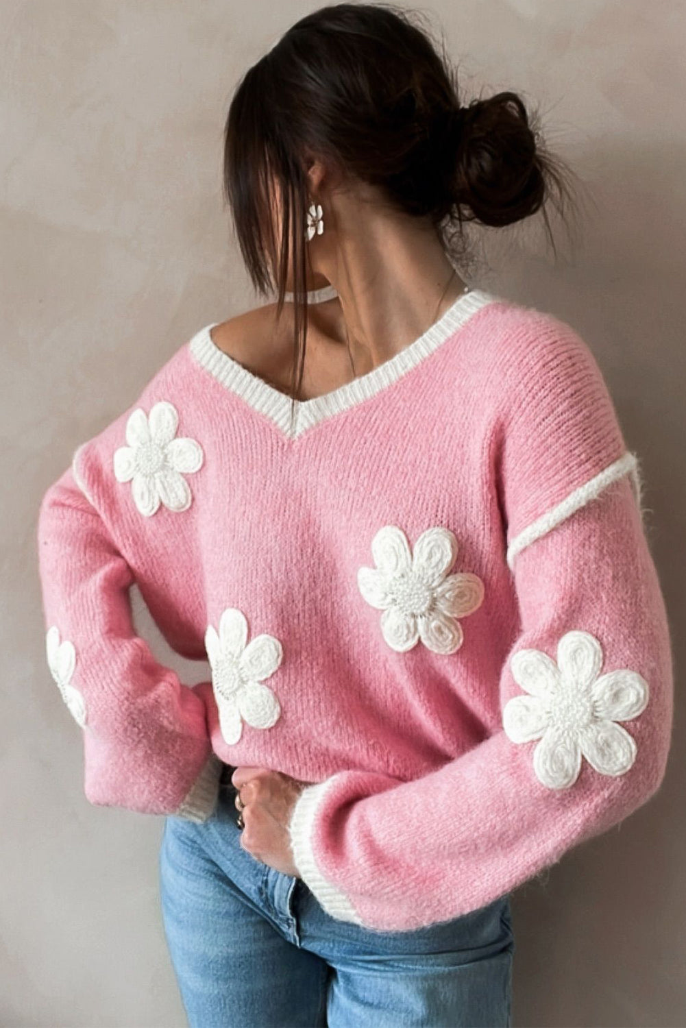 Pink Floral Patched Contrast Trim V Neck Sweater