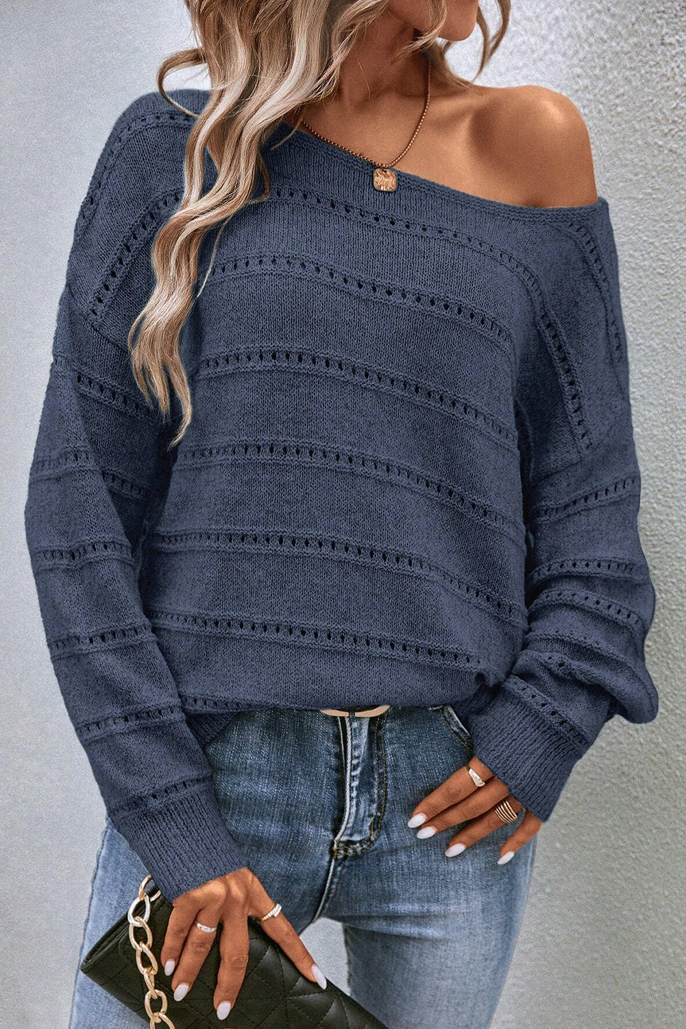 Light Grey Boat Neck Drop Shoulder Pointelle Knit Sweater