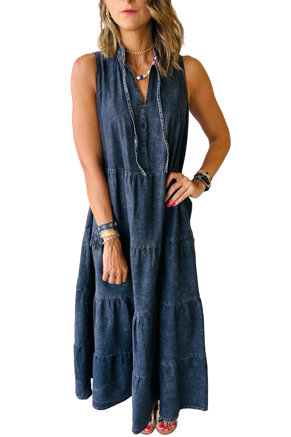 Denim Sleeveless Tiered Chambray Maxi Dress