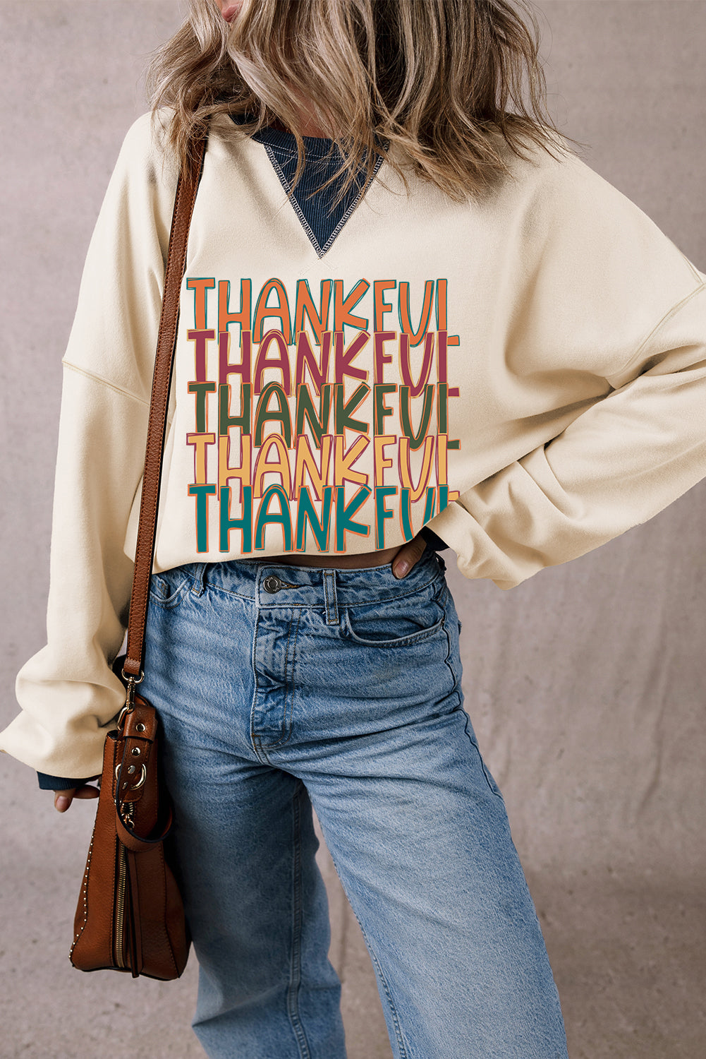 White THANKFUL Colorblock Edge Thanksgiving Graphic Sweatshirt