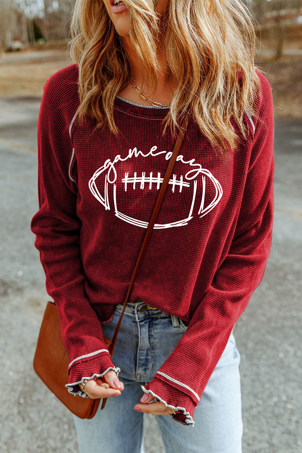 Red Waffle Football Graphic Contrast Hem Sweatshirt