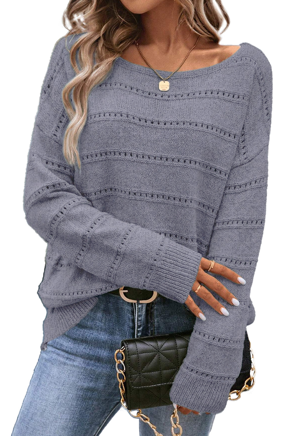 Light Grey Boat Neck Drop Shoulder Pointelle Knit Sweater