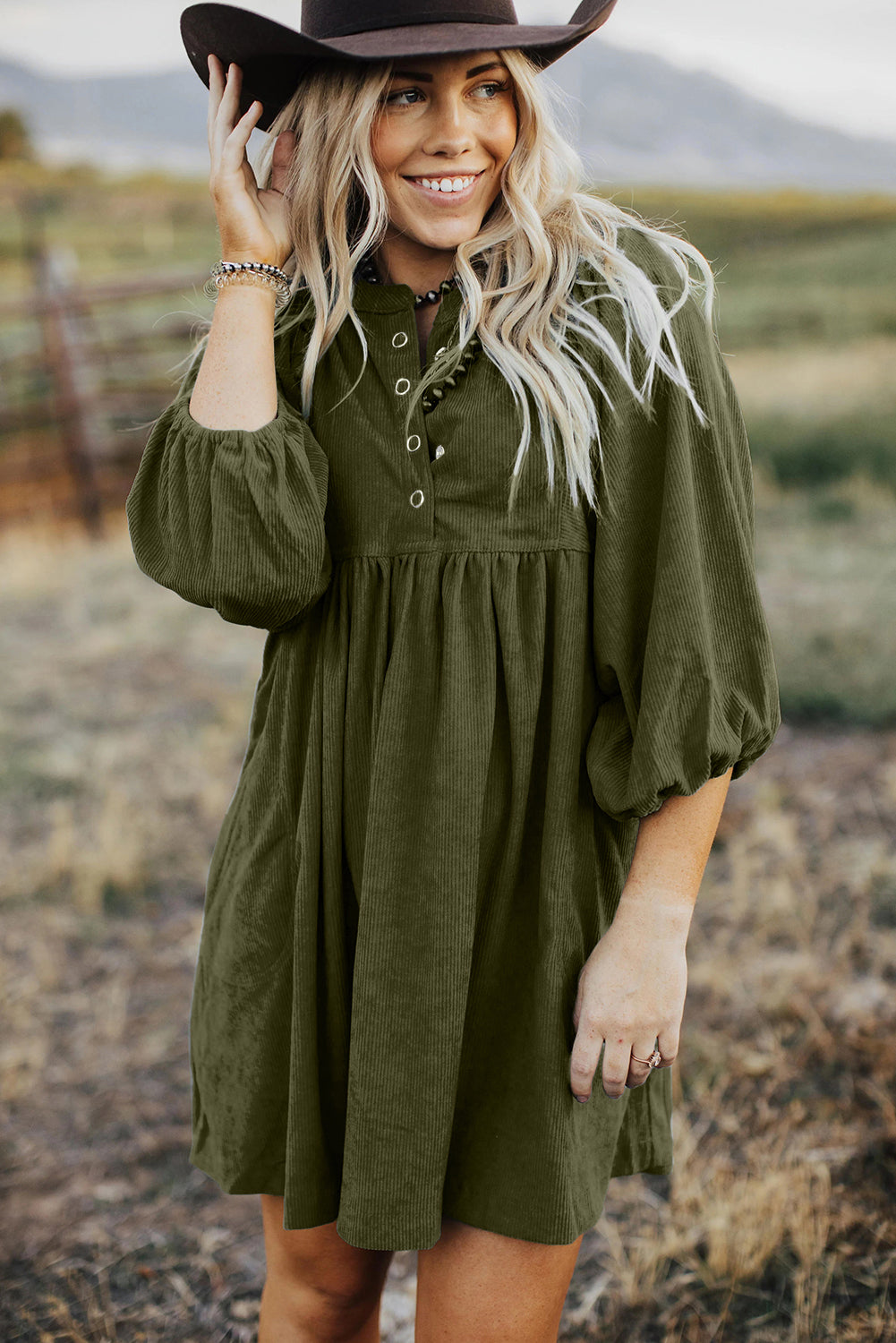 Vineyard Green Light Snap Button Empire Waist Lantern Sleeve Corduroy Dress