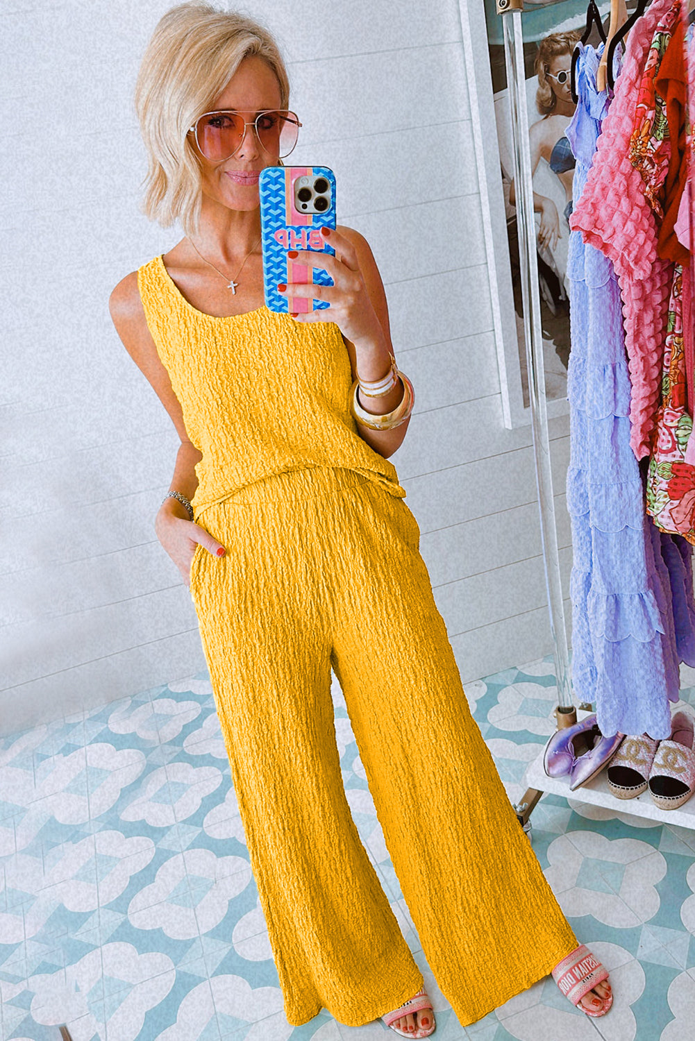 Yellow Crinkled U Neck Tank and Wide Leg Pants Set