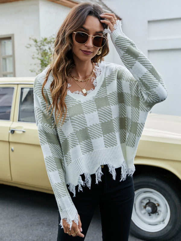 Distressed Checkered Knit Sweater for Women